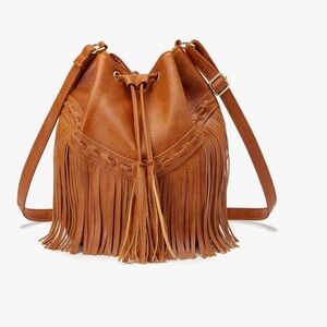 Fringed Tan Leather Bucket Bag